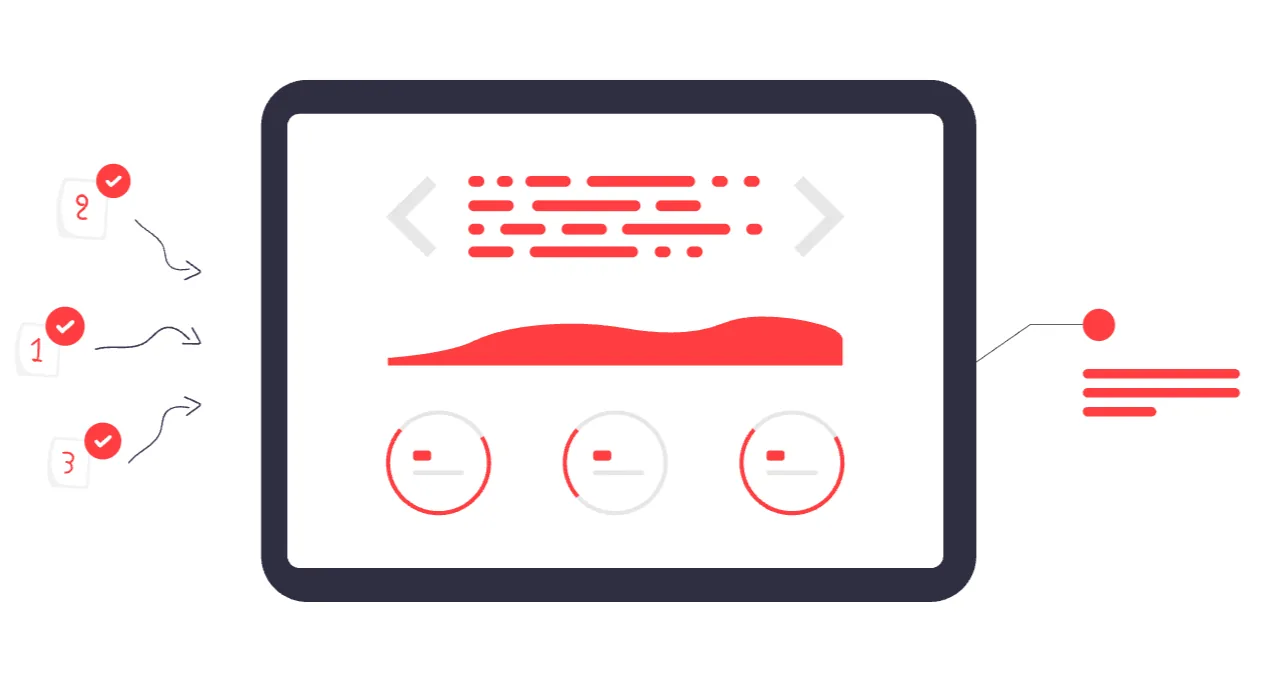 Grafik: Ein Tablet in dem verschiedene Daten als Grafiken und Code abgebildet sind.